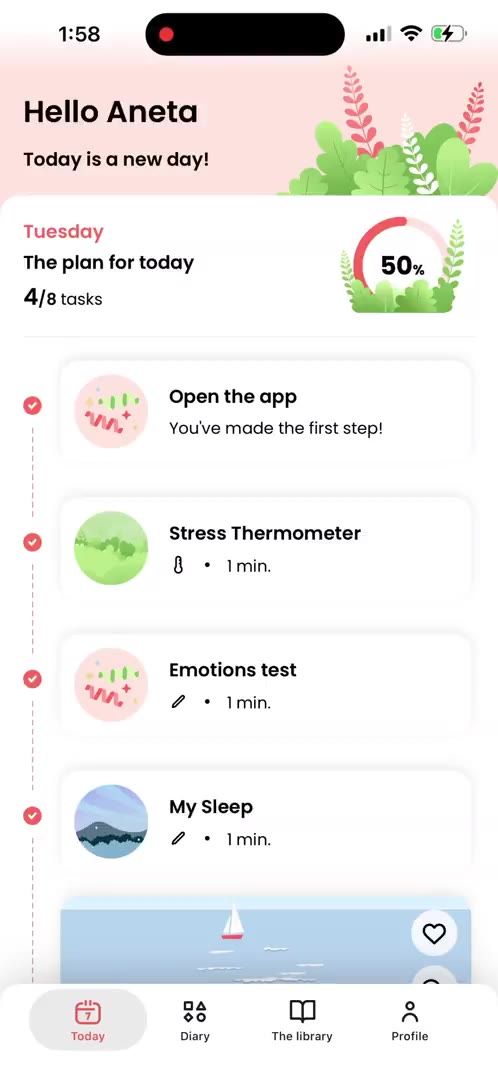Living Well app daily plan with lessons and activities.