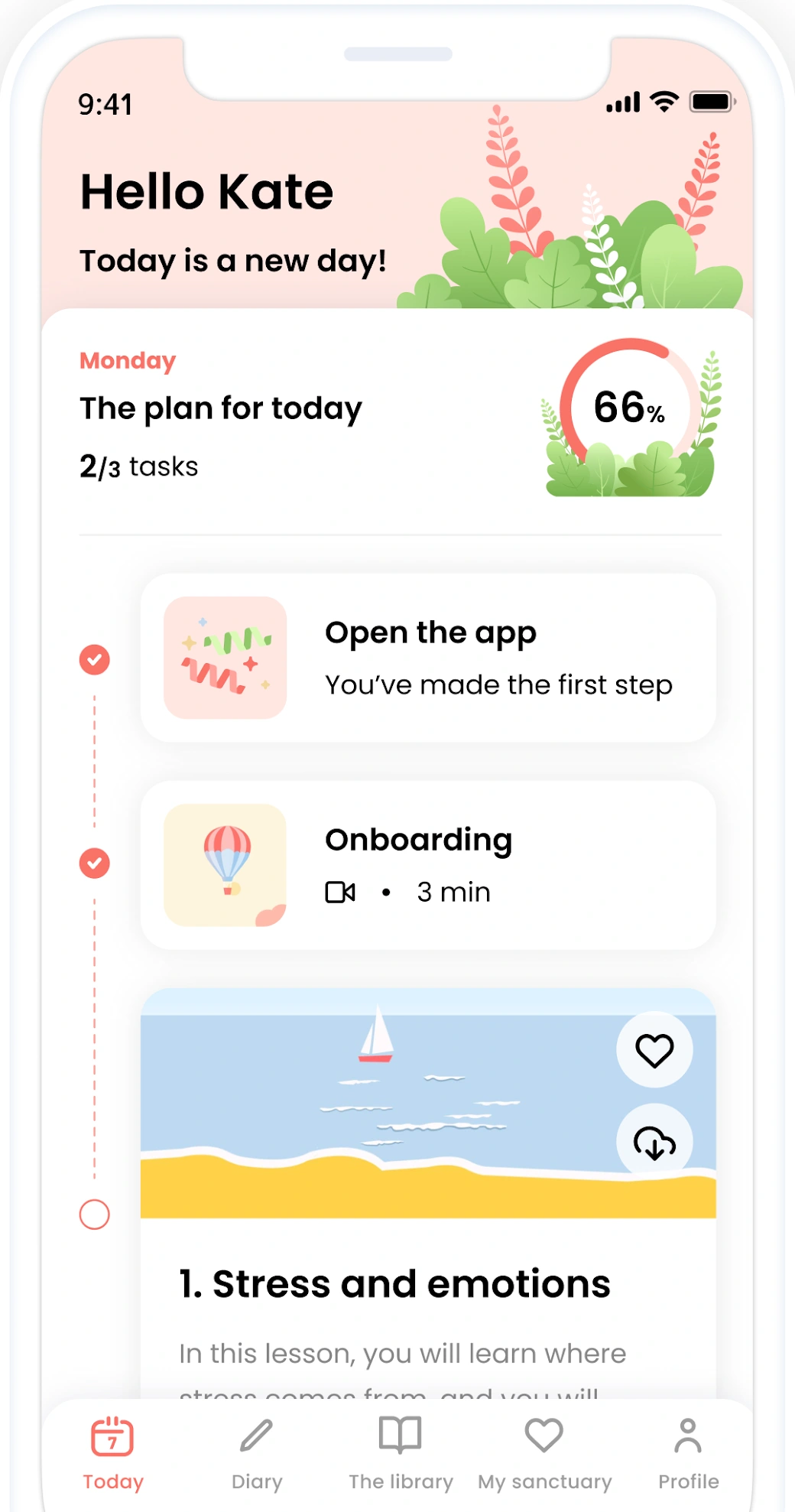Living Well app daily plan with guided lessons.