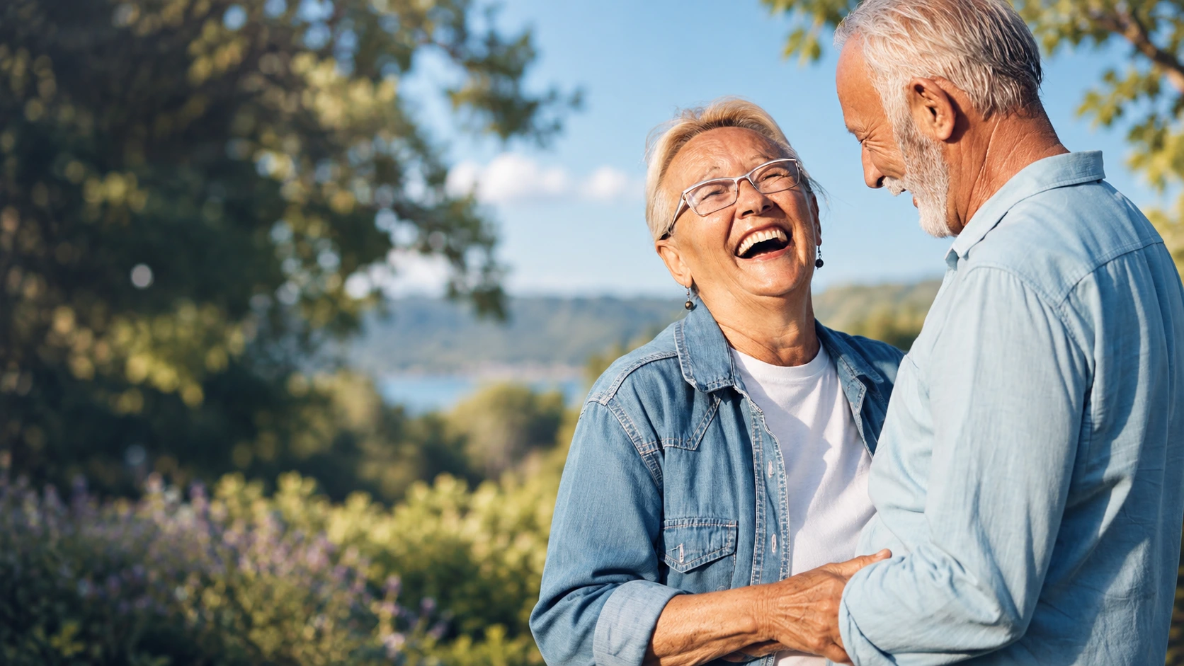 An older couple sharing a joyful moment in a sunlit garden.
